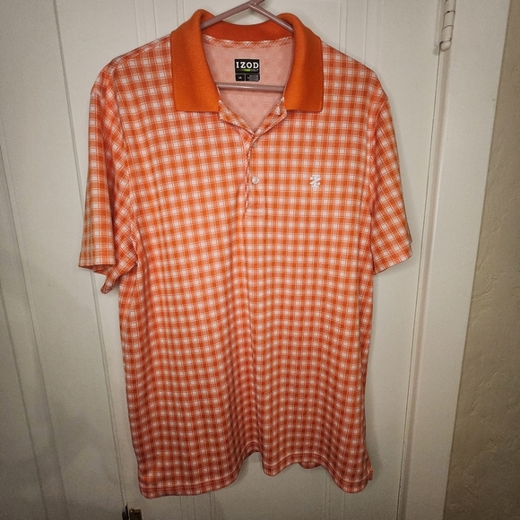 EUC IZOD GOLF POLO ORANGE CHECK PATTERN MEN'S SIZE LARGE - Picture 1 of 7